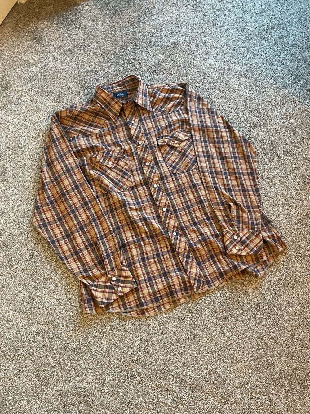 VTG Wrangler Western Pearl Snap Long Sleeve Plaid Shirt Men's XL Brown Made in K